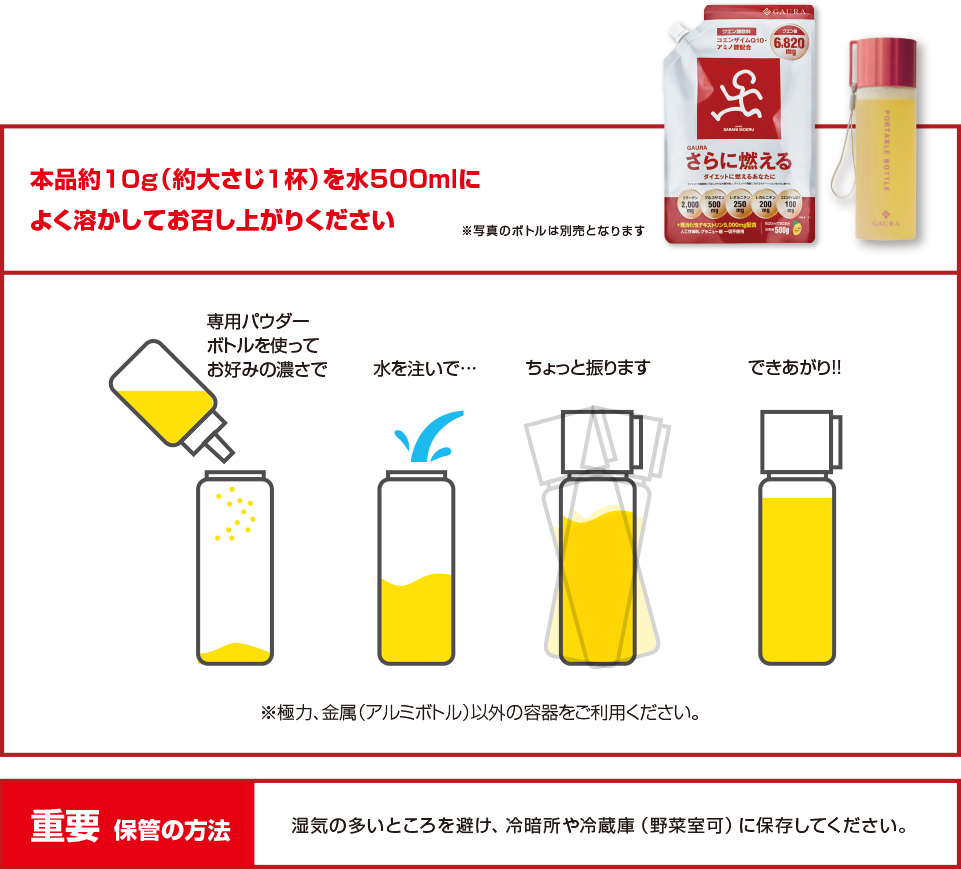 本品約10g(約大さじ1杯)を水500mlによく溶かしてお召し上がりください