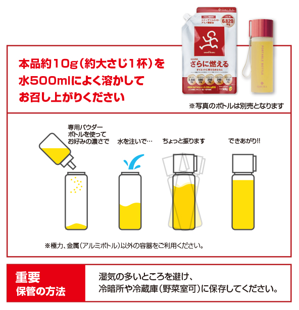 本品約10g(約大さじ1杯)を水500mlによく溶かしてお召し上がりください